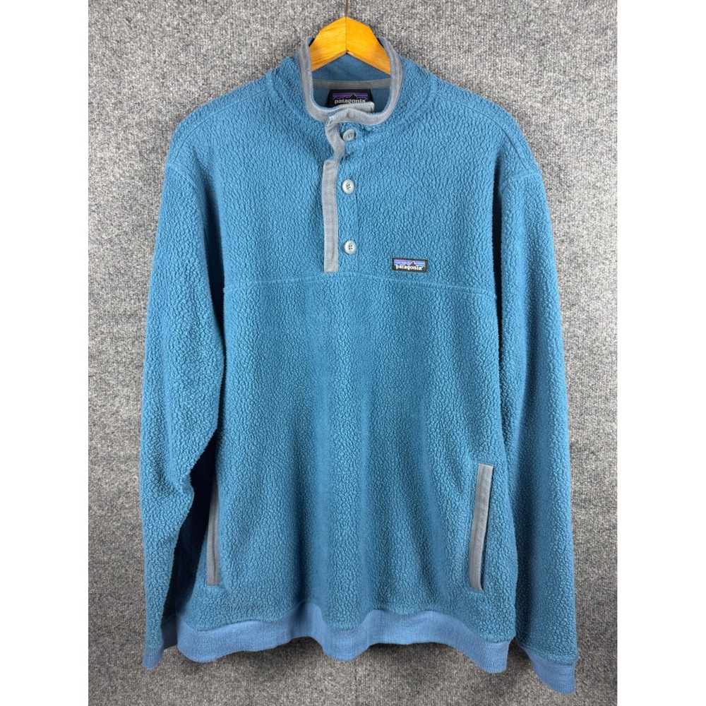 Patagonia Mens XL Blue Fleece Pullover Sweatshirt Mock Neck Button Pockets Logo - Picture 2 of 9